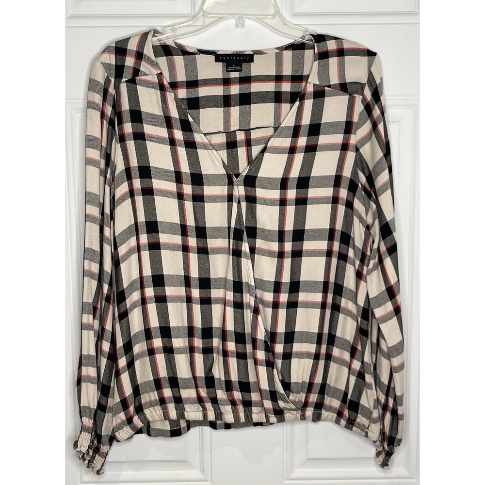 Sanctuary Cori Large Smocked Blouse Red Black Plaid Snap Closure Boyfriend